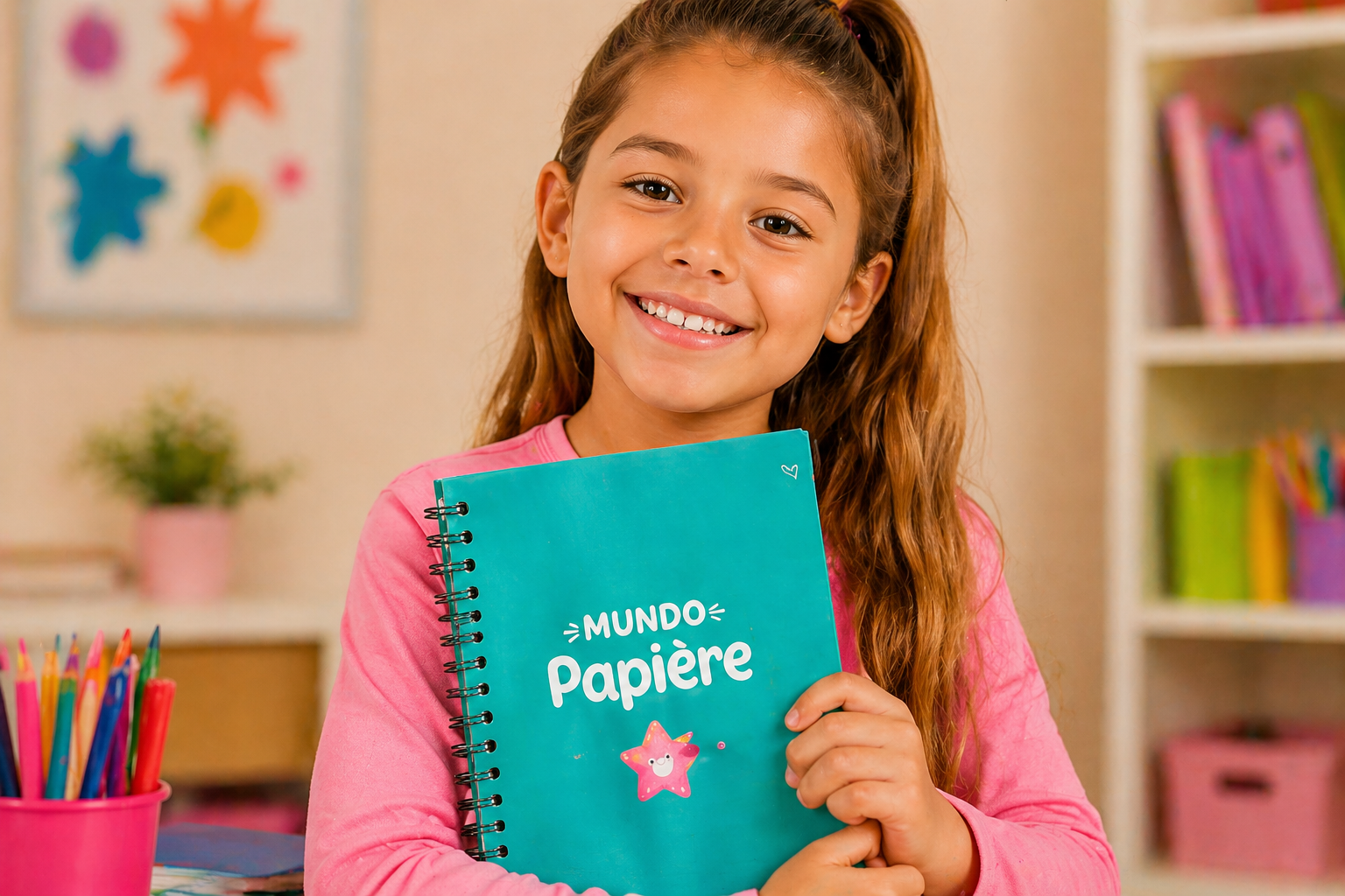 Criança com caderno Mundo Papière